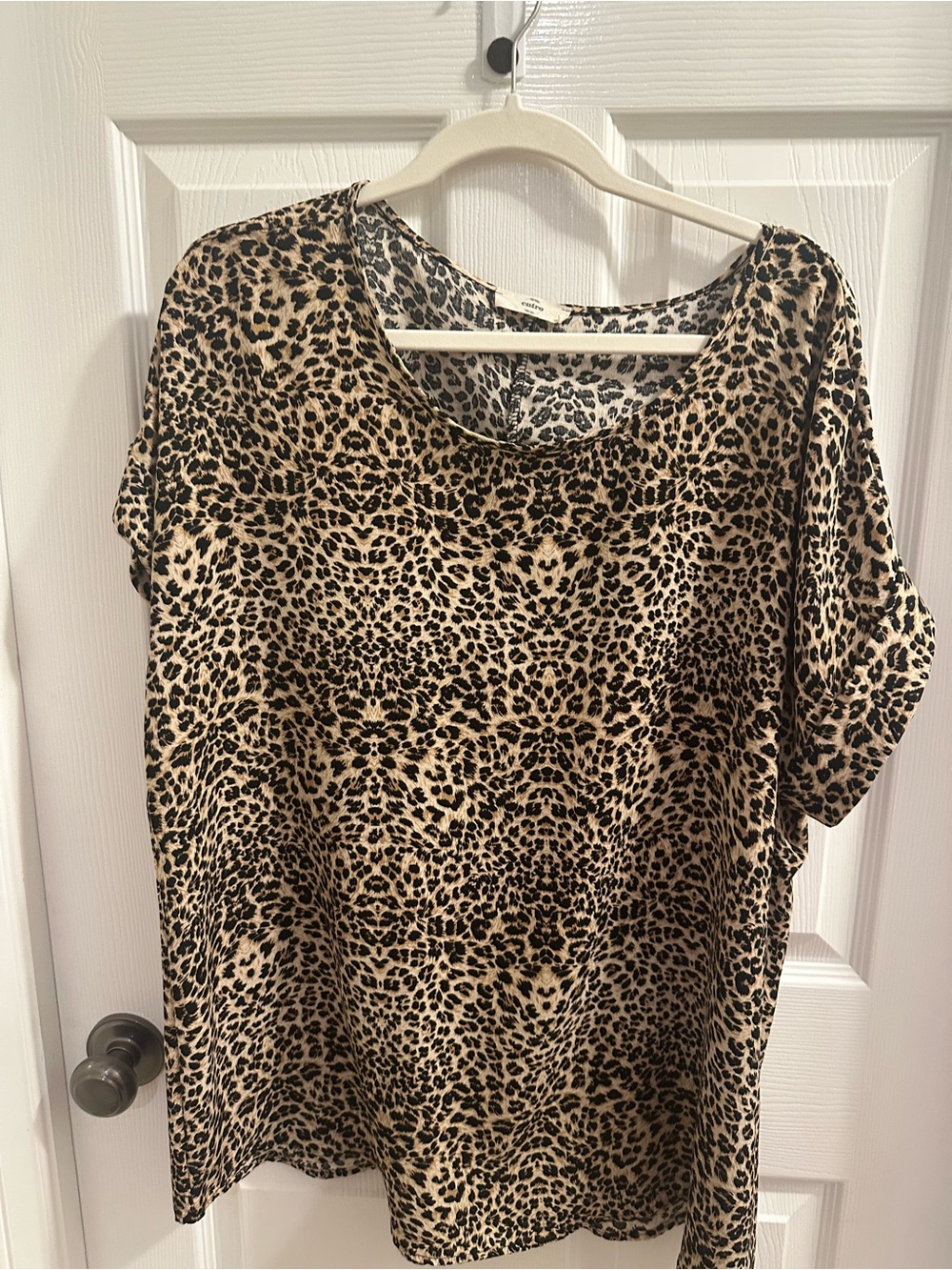 entro Leopard-Print Short Sleeve Top in Beige and Black